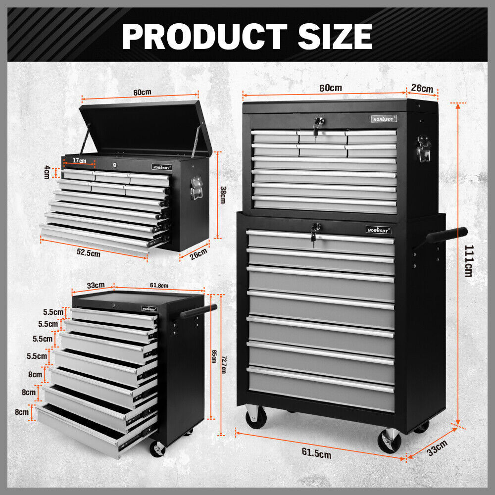 Heavy-duty tool trolley cabinet with 17 drawers, lockable wheels, and ample storage space