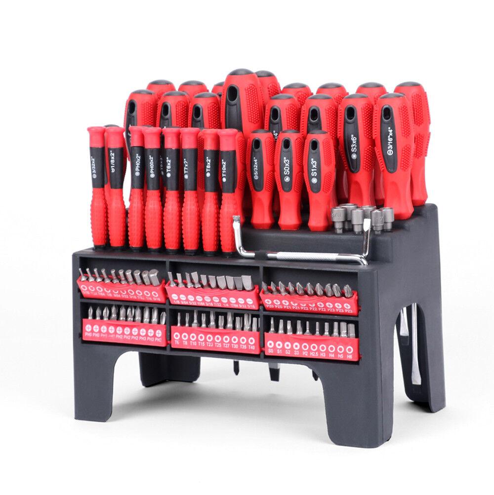 Versatile 100pc Screwdriver Set with Multiple Bits Including Slot, Pozi, Hex, Star, and Square in a Red and Black Rack