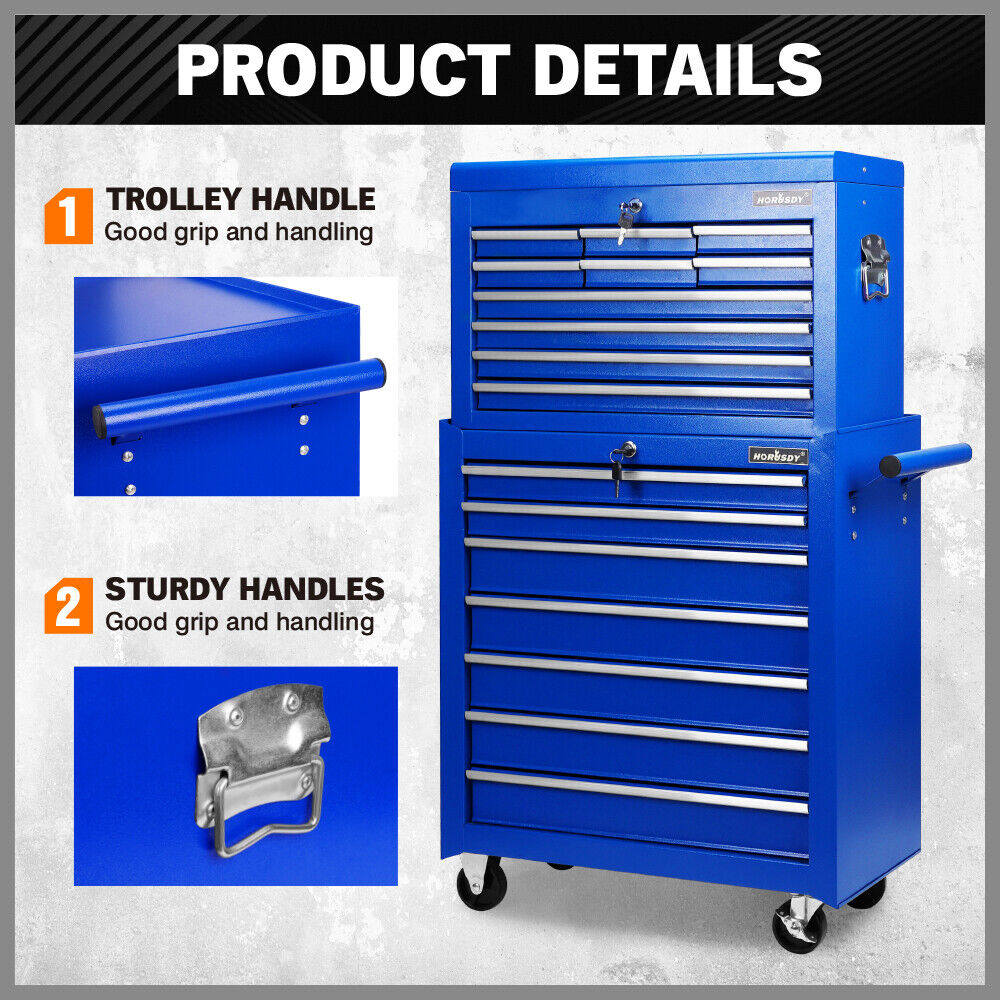 Heavy-duty tool trolley cabinet with 17 drawers, lockable wheels, and ample storage space