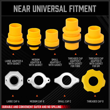 Durable and spill-proof 19Pc radiator coolant refilling funnel kit with versatile functionality and fluid stopper.