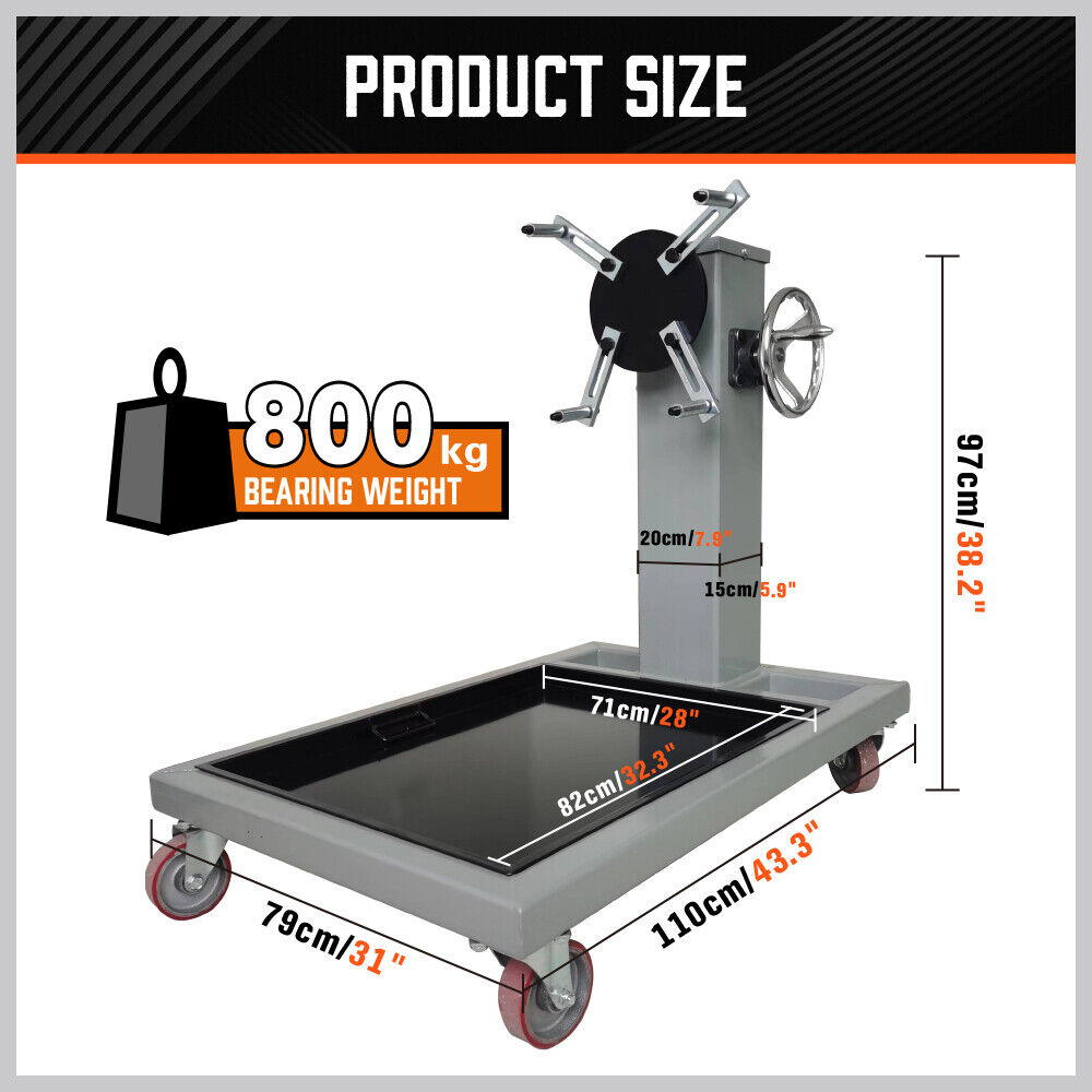 Super Heavy Duty 800kg Folding Engine Stand with a 1763lb capacity, perfect for auto workshops and engine repairs. Features a robust, heavy gauge steel construction, adjustable arms, and a 360-degree rotating mount for efficient engine handling. Durable red powder-coated finish for long-lasting use