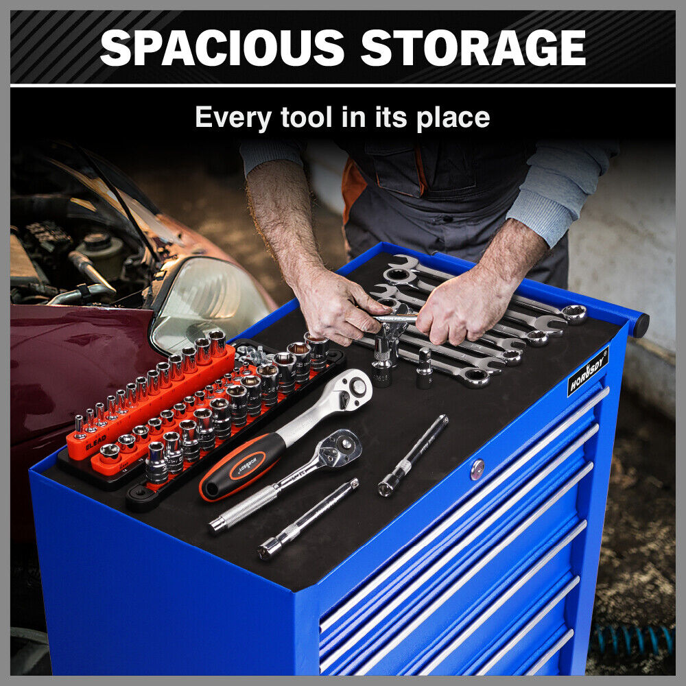 Heavy-duty tool trolley cabinet with 17 drawers, lockable wheels, and ample storage space