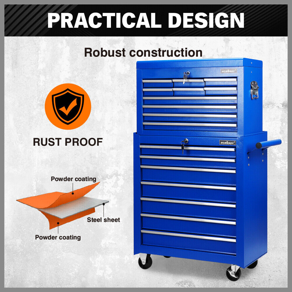 Heavy-duty tool trolley cabinet with 17 drawers, lockable wheels, and ample storage space