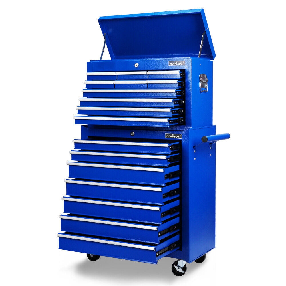 Heavy-duty tool trolley cabinet with 17 drawers, lockable wheels, and ample storage space