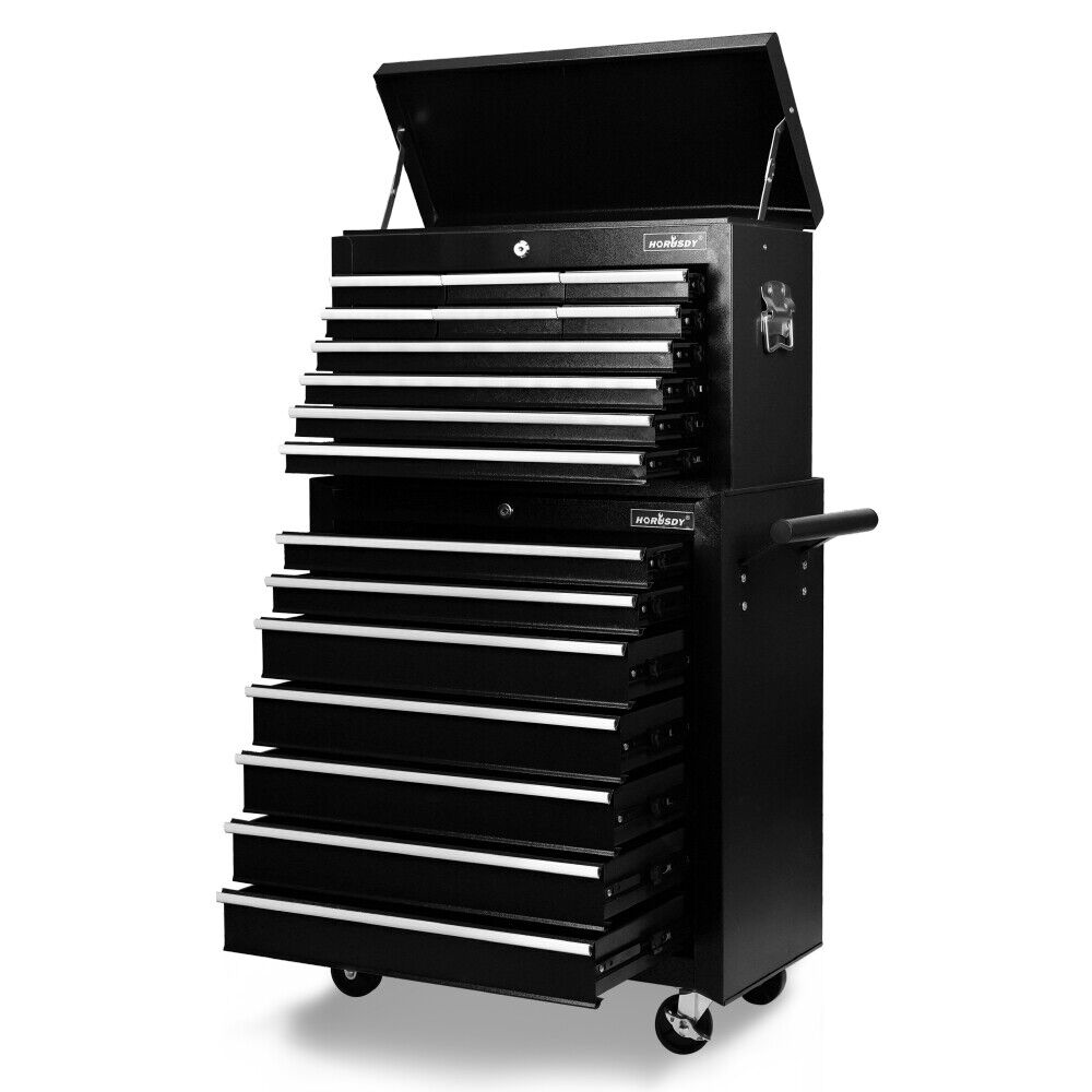 Heavy-duty tool trolley cabinet with 17 drawers, lockable wheels, and ample storage space