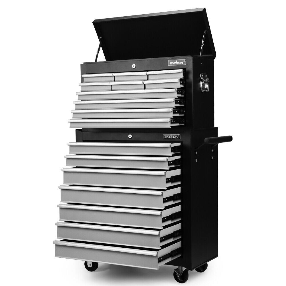 Heavy-duty tool trolley cabinet with 17 drawers, lockable wheels, and ample storage space