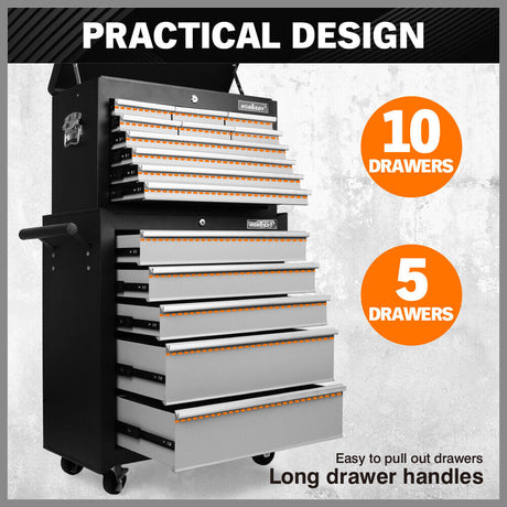 Durable multi-drawer tool box trolley in blue/black, featuring lockable storage compartments and smooth rolling casters for workshop organization