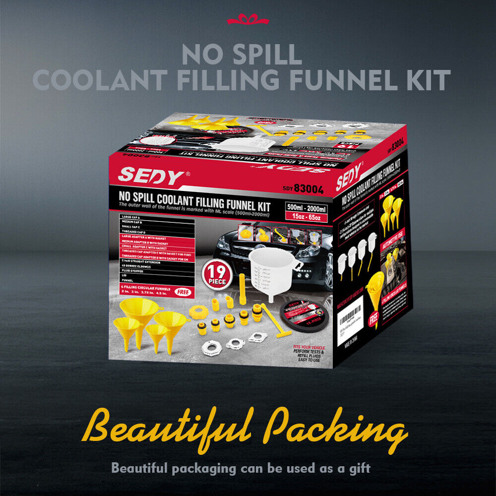 Durable and spill-proof 19Pc radiator coolant refilling funnel kit with versatile functionality and fluid stopper.
