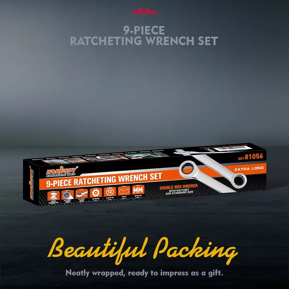 HORUSDY 9Pc Aviation Extra Long Spanner Set - Double-Ended 8-19mm Ratchet Wrenches with Pouch