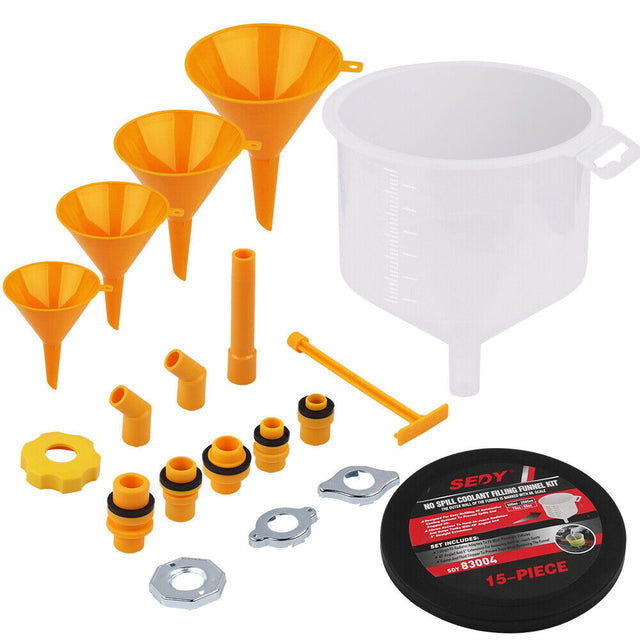 Durable and spill-proof 19Pc radiator coolant refilling funnel kit with versatile functionality and fluid stopper.