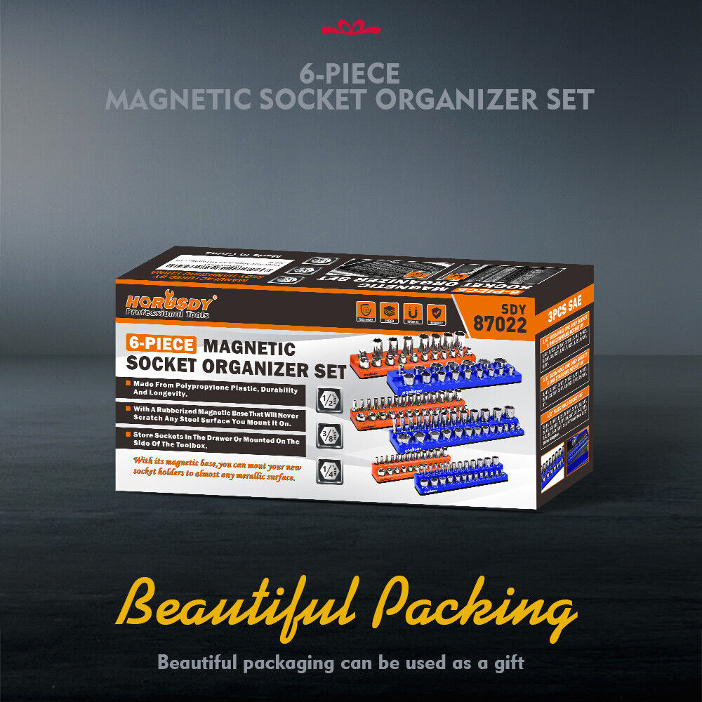 6-piece magnetic socket organizer set with orange and blue holders for SAE and metric sockets