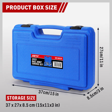 Complete 5Pc Front End Service Tool Kit displayed in a blue case, suitable for automotive ball joint and tie rod maintenance