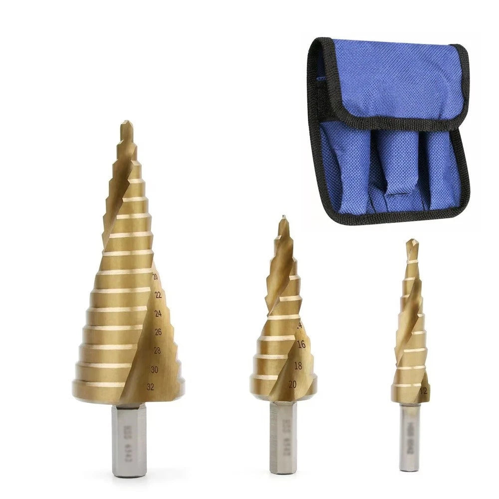HORUSDY 3-Piece High-Speed Steel Step Cone Drill Bit Set, Titanium Coated for Reduced Friction, Sizes 4-32mm, Ideal for Sheet Metal, Iron, Aluminum, Brass, Wood, and Plastic