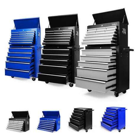 Durable multi-drawer tool box trolley in blue/black, featuring lockable storage compartments and smooth rolling casters for workshop organization
