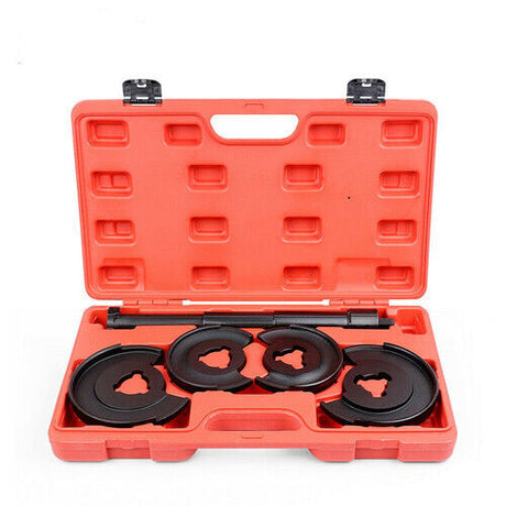 Coil Spring Compressor Tool specifically designed for Mercedes Benz and compatible with a wide range of modern vehicles. This tool efficiently removes and replaces coil springs on the wishbone without dismantling the axle. Made of durable alloy steel, it's perfect for suspension work on various car brands, including Ford, Fiat, GM, and more, with plates sizing from Ø70-130 and Ø90-150.
