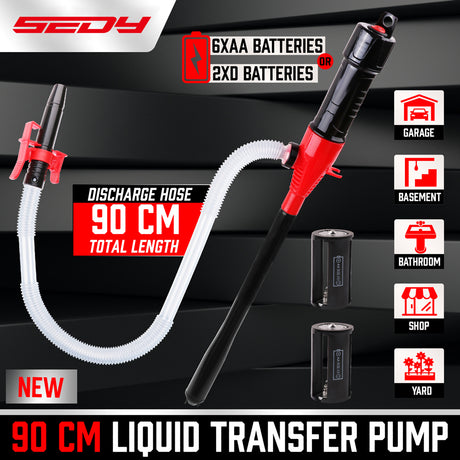 battery operated liquid transfer pump with 90cm discharge hose for fuel, water, oil and non-corrosive liquid transfer