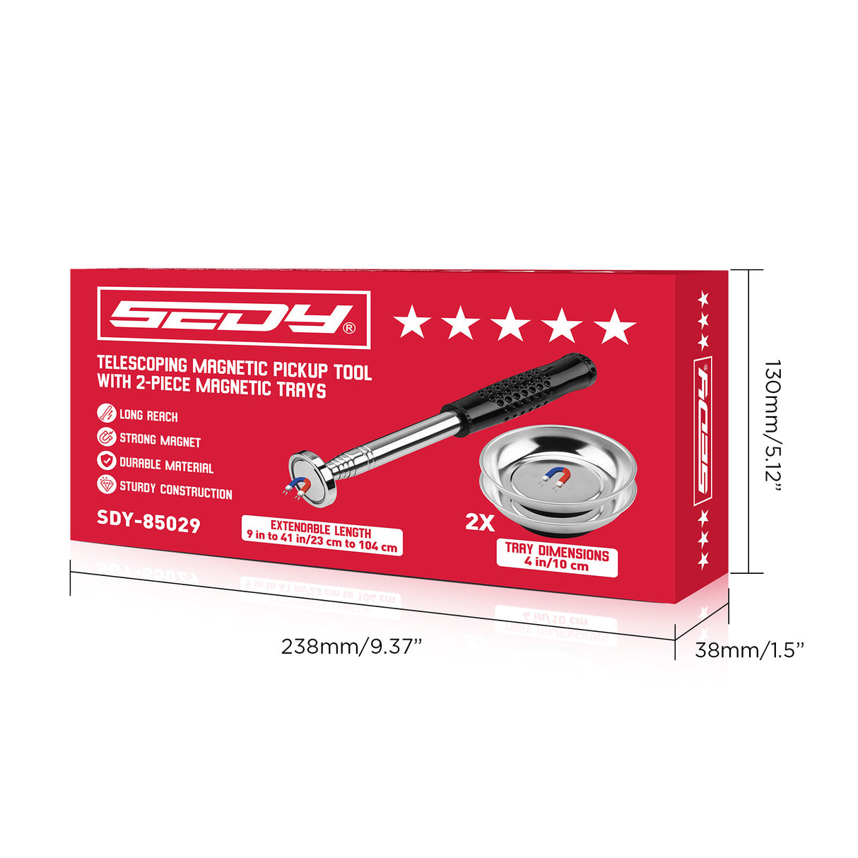 SEDY telescoping magnetic pickup tool with 50 lbs lifting capacity and two 4-inch stainless steel magnetic trays for tool and parts storage