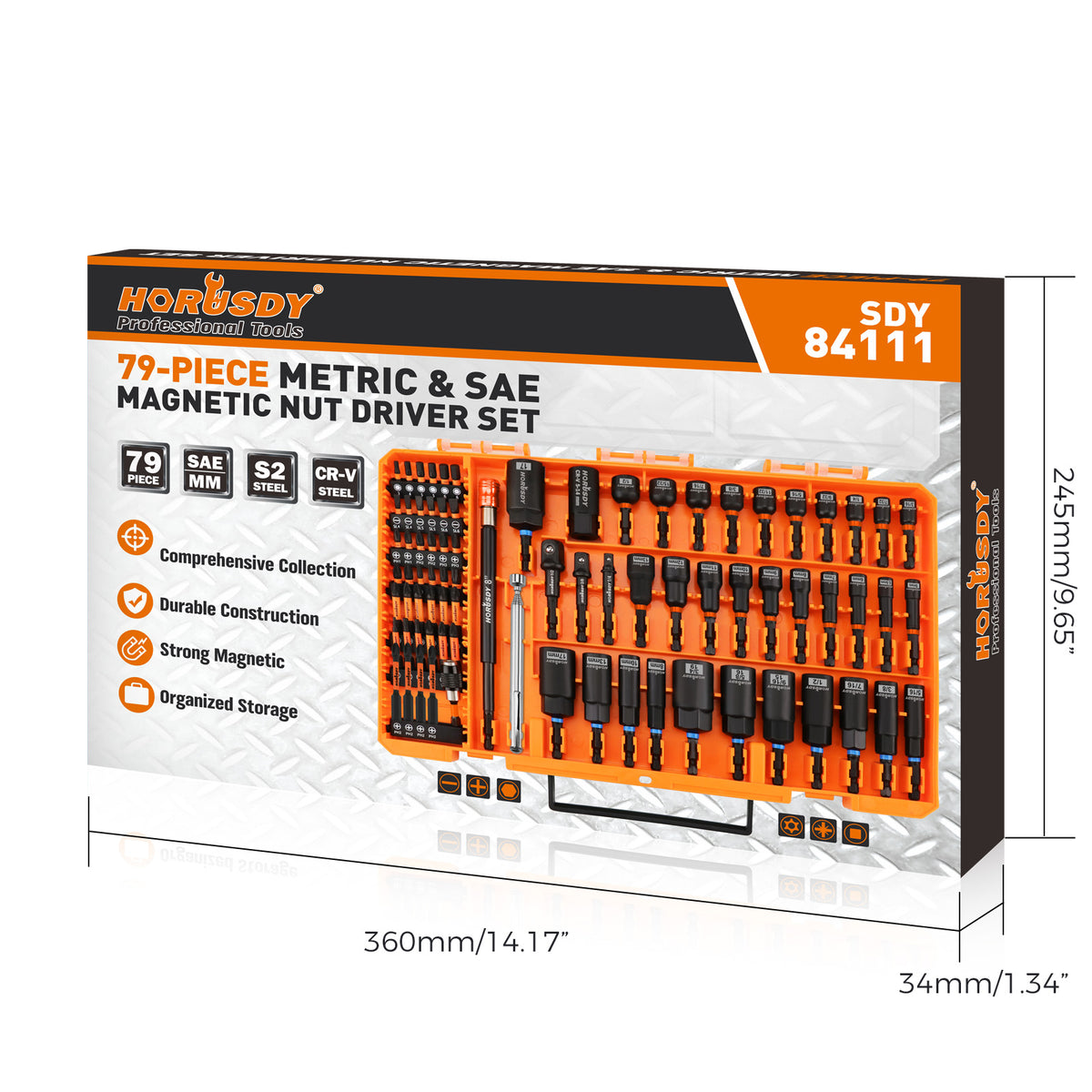 79-piece magnetic nut driver set with metric and SAE sockets, S2 screwdriver bits, CR-V steel sockets, bit extension and portable case