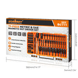 79-piece magnetic nut driver set with metric and SAE sockets, S2 screwdriver bits, CR-V steel sockets, bit extension and portable case