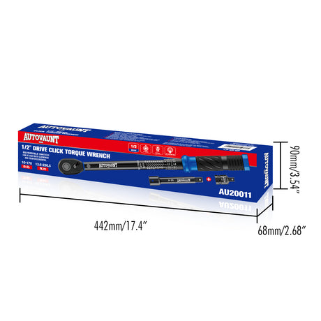 1/2 inch drive click torque wrench with 10-170 ft-lb and 13.6-230.5 Nm dual scale, 72-tooth reversible ratchet, 5-inch extension bar, 1/2 to 3/8 adapter, storage case and inspection certificate for automotive, truck and motorcycle maintenance