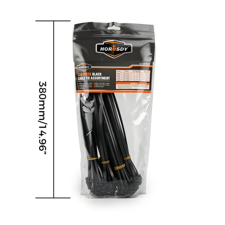 520-piece black nylon cable ties assortment in 4, 8 and 12 inch sizes with self-locking design for wire and cable management