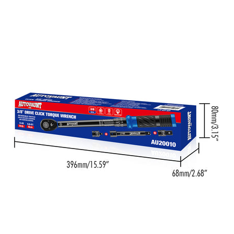 3/8 inch drive click torque wrench with 5-45 ft-lb and 6.8-61 Nm dual scale, 72-tooth reversible ratchet, 3-inch extension bar, 3/8 to 1/4 and 3/8 to 1/2 adapters, storage case and inspection certificate