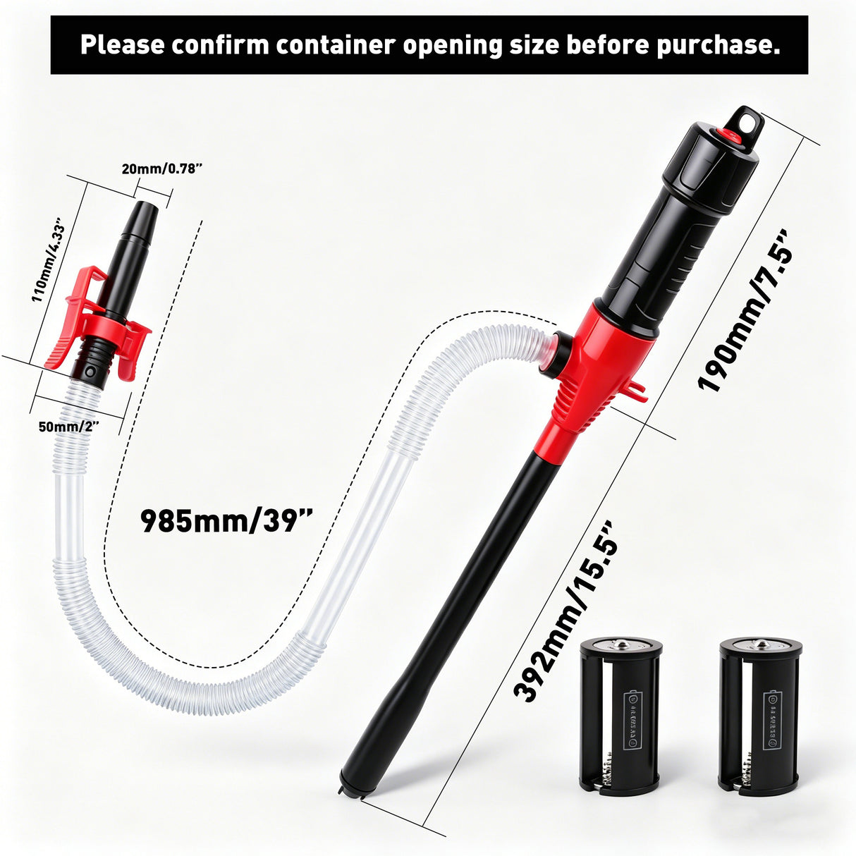 battery operated liquid transfer pump with 90cm discharge hose for fuel, water, oil and non-corrosive liquid transfer