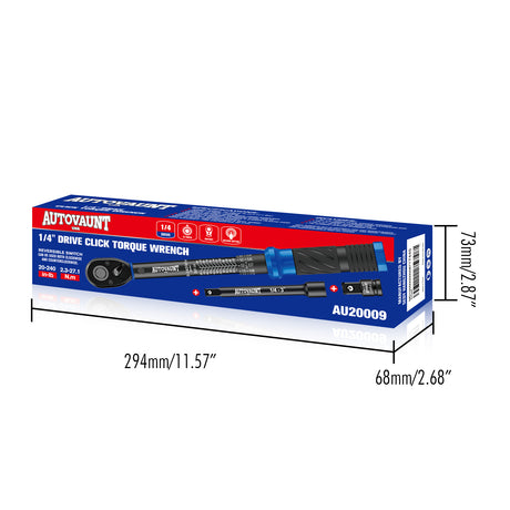 1/4 inch drive click torque wrench with 20-240 in-lb and 2.3-27.1 Nm range, 72-tooth reversible ratchet, 3-inch extension bar, 1/4 to 3/8 drive adapter, storage case and calibration certificate