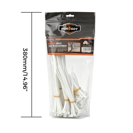 520-piece white nylon cable ties assortment in 4, 8 and 12 inch sizes with self-locking design for cable management