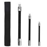 3-piece flexible socket extension bar set with 1/4, 3/8 and 1/2 inch drive locking flex shaft adapters for ratchets and socket tools
