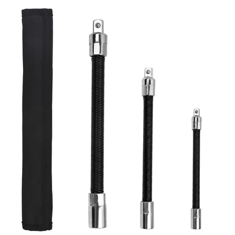 3-piece flexible socket extension bar set with 1/4, 3/8 and 1/2 inch drive locking flex shaft adapters for ratchets and socket tools