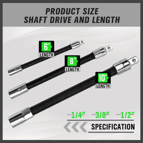 3-piece flexible socket extension bar set with 1/4, 3/8 and 1/2 inch drive locking flex shaft adapters for ratchets and socket tools