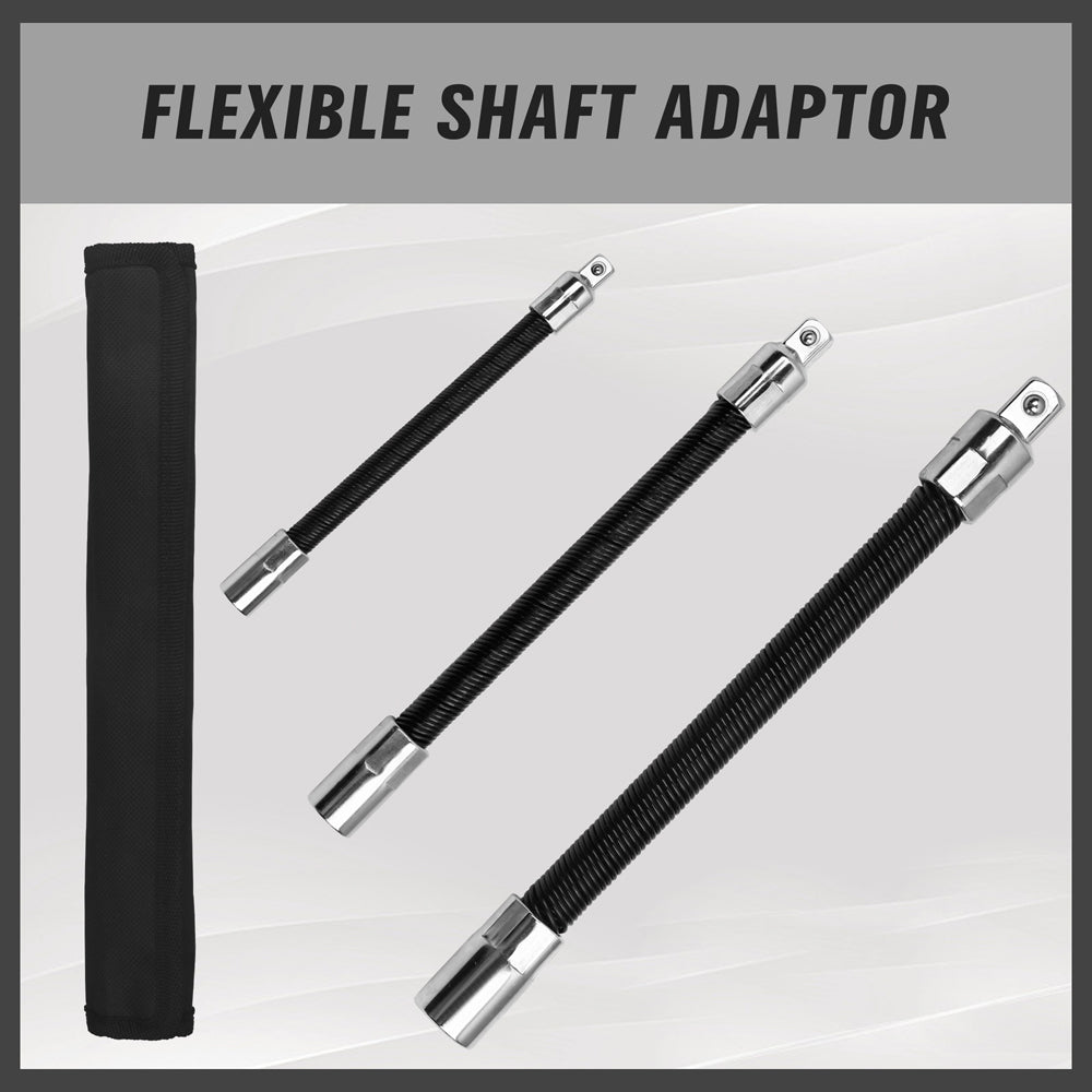 3-piece flexible socket extension bar set with 1/4, 3/8 and 1/2 inch drive locking flex shaft adapters for ratchets and socket tools