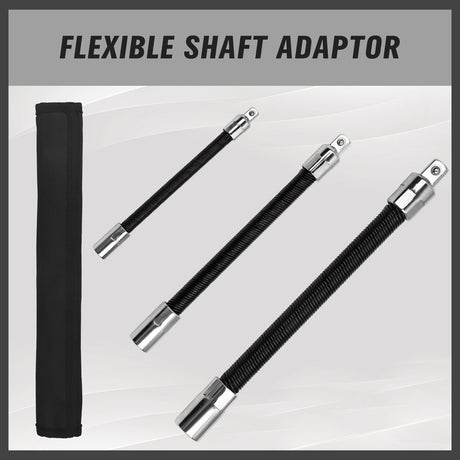 3-piece flexible socket extension bar set with 1/4, 3/8 and 1/2 inch drive locking flex shaft adapters for ratchets and socket tools