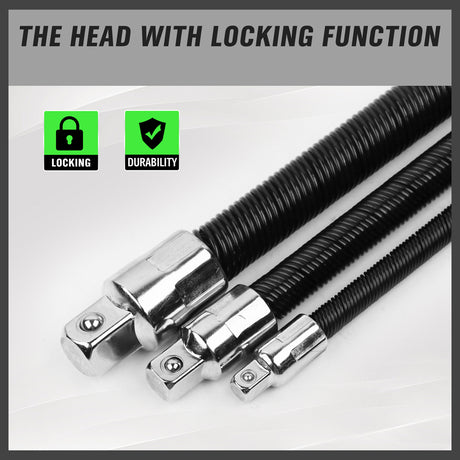 3-piece flexible socket extension bar set with 1/4, 3/8 and 1/2 inch drive locking flex shaft adapters for ratchets and socket tools