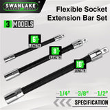 3-piece flexible socket extension bar set with 1/4, 3/8 and 1/2 inch drive locking flex shaft adapters for ratchets and socket tools