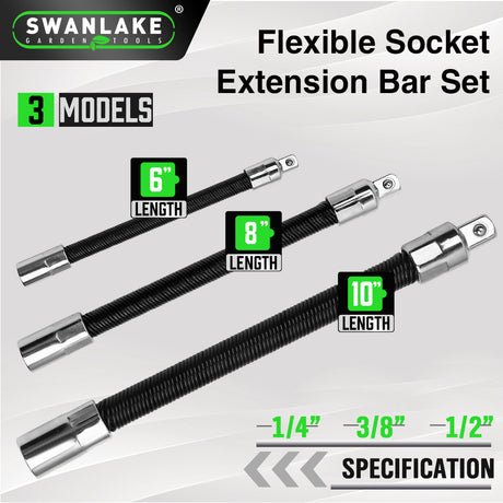 3-piece flexible socket extension bar set with 1/4, 3/8 and 1/2 inch drive locking flex shaft adapters for ratchets and socket tools