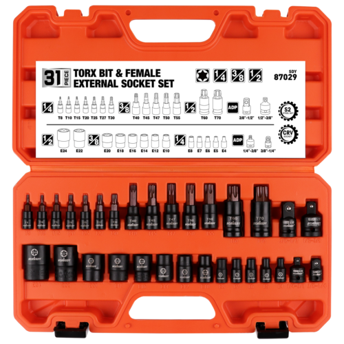 HORUSDY 31-Piece Torx & E Torx Socket Set, S2 Alloy Steel, Chrome Vanadium - Includes Solid Star & E-Torx Sockets Plus Adapters