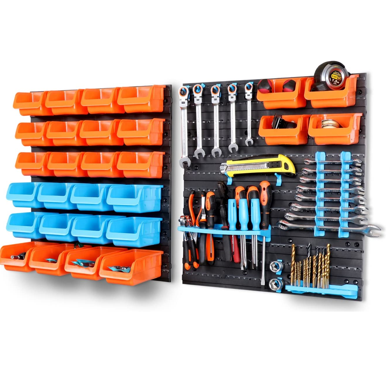 43 Piece Wall Mounted Parts and Tools Storage Rack featuring Bins in Various Sizes, Tool Holders, and Peg Boards