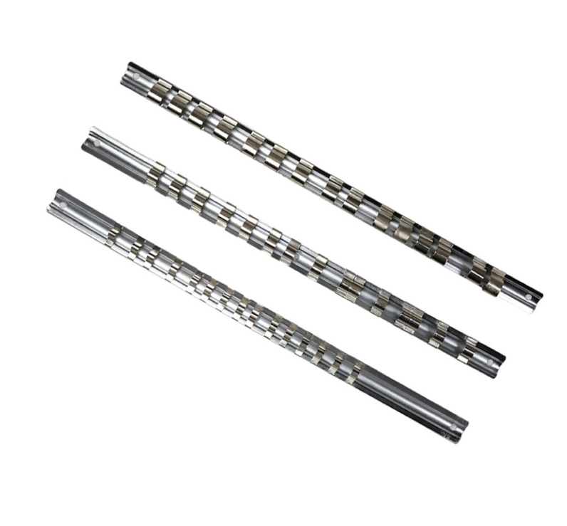 Durable 3-piece universal socket holder rail set for 1/4", 3/8", and 1/2" drive sockets.
