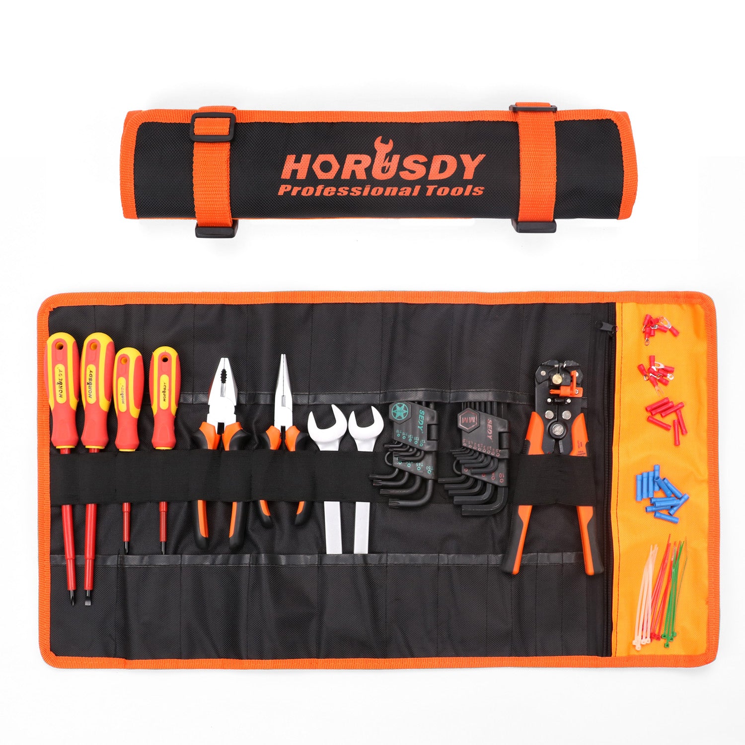 Durable Tool Holder Belt with 21 versatile pockets. Made from strong polyester fabric, ideal for storing tools, knives, pens, and brushes. Features a secure two-strap closure, easy roll-up design, and a convenient carry handle. Suitable for electricians, mechanics, handymen, and DIY enthusiasts.