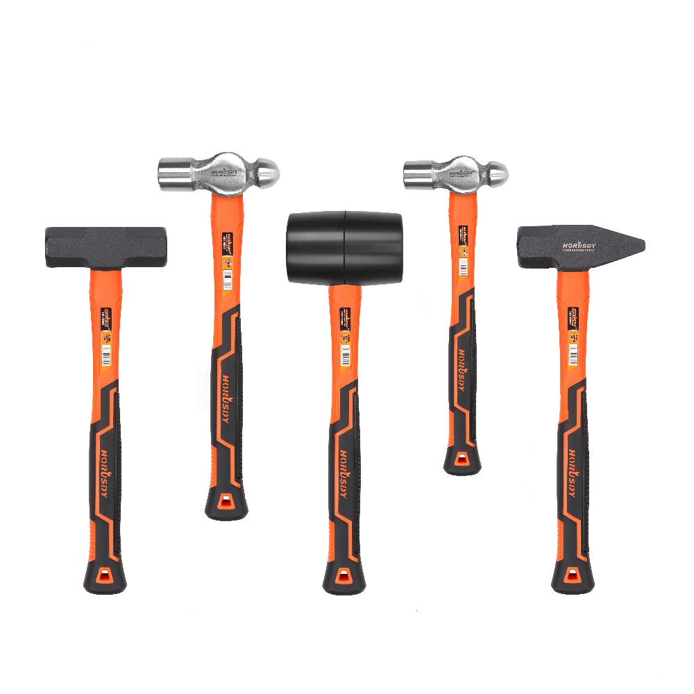 Comprehensive 5-Piece Hammer Set with TPR Grip Handles - Features Ball Pein, Rubber Mallet, Sledge, and Cross Pein Hammers