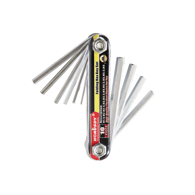 10-piece metric folding hex key set in a pocket-sized aluminum holder. Hardened chrome vanadium steel keys range from H1.5 to H6. For professionals and DIYers.