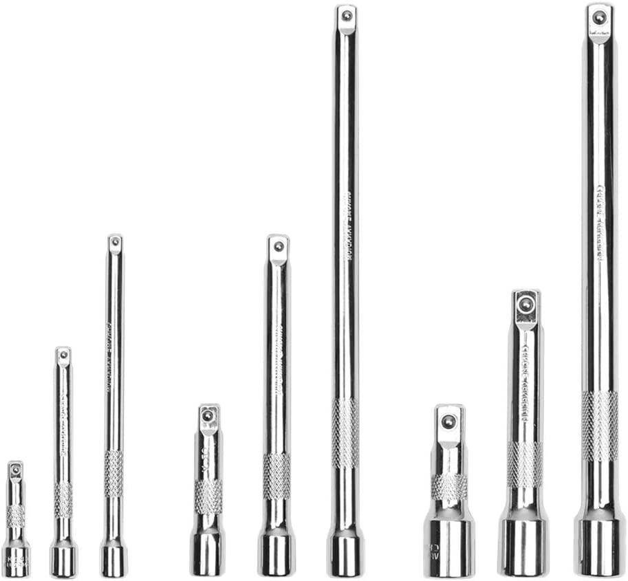 Durable 9-Piece Extension Bar Set with 1/4", 3/8", 1/2" Drive Sizes - Chrome Vanadium Steel, Spring-Loaded Ball Detent