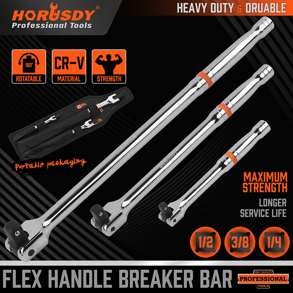 HORUSDY 3-Piece Breaker Bar Set, Chrome Vanadium Steel, 1/4'', 3/8'', 1/2'' Drive Sizes, 180-Degree Rotating Head, Durable and Ergonomic Design for Tough Fasteners