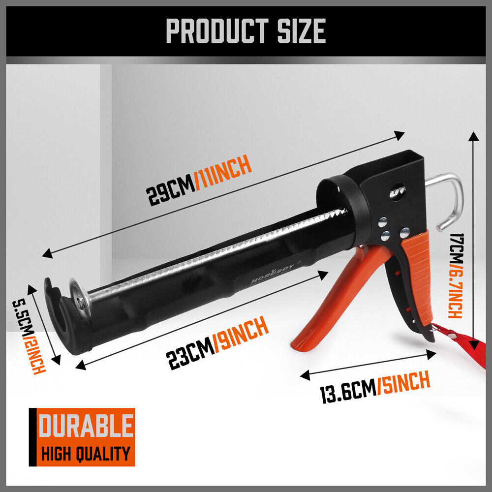 HORUSDY 9-inch Caulking Gun with High Thrust Ratio and Drip-Free Technology, Featuring Ergonomic Grip, Revolving Barrel, Seal Punch, and Ladder Hook for Professional Sealing Applications