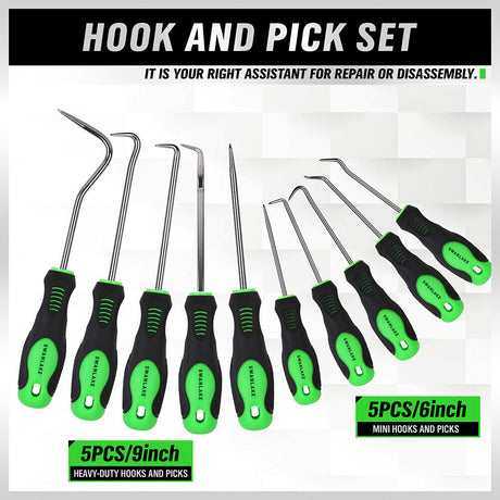 SWANLAKE 10-Piece Pick and Hook Set with CR-V Steel Shafts, Non-Slip Handles, and Storage Pouch for Automotive and Electronics Use