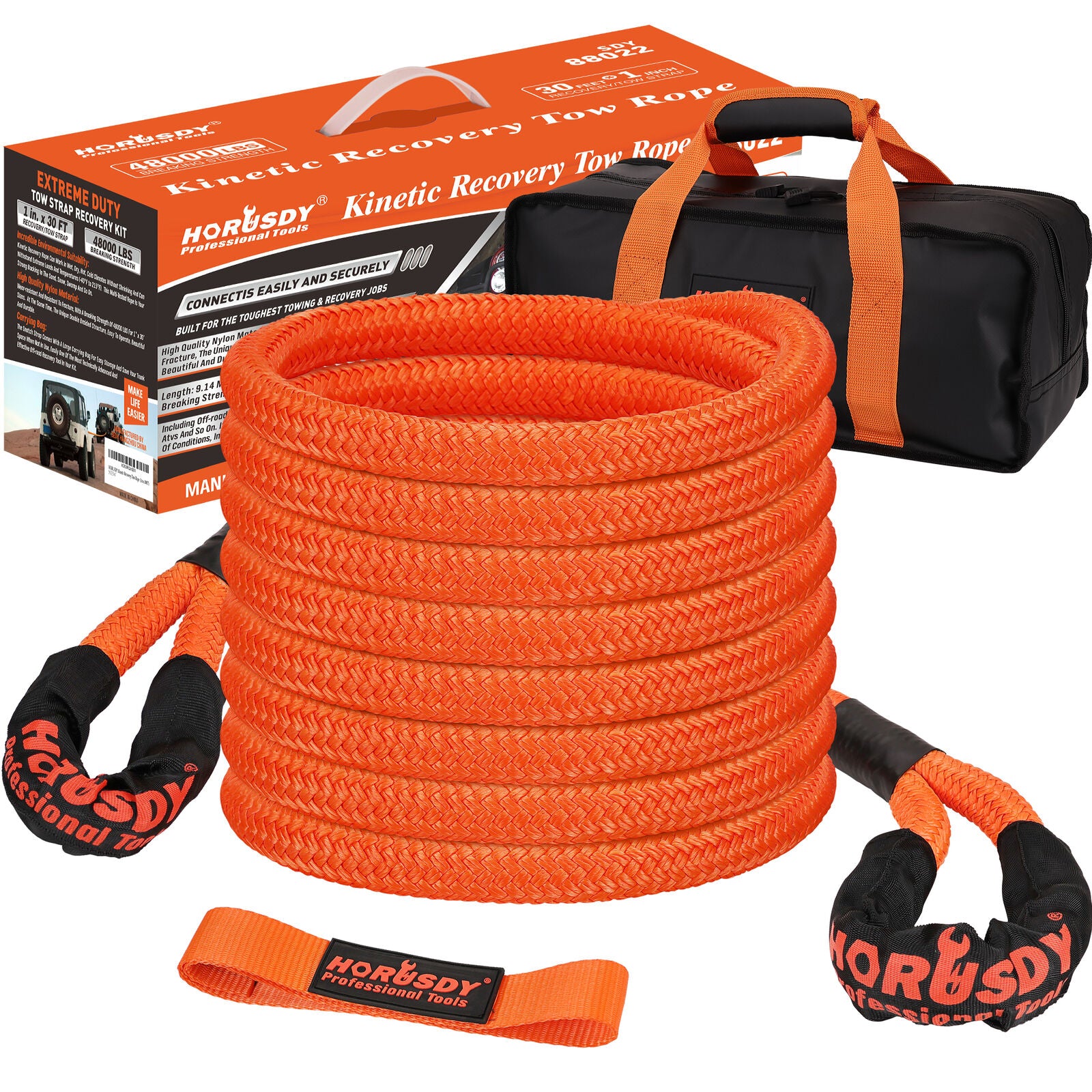 HORUSDY 30FT Heavy-Duty Nylon N66 Kinetic Recovery Tow Rope with 48000 Lbs Break Strength for Off-Road Recovery