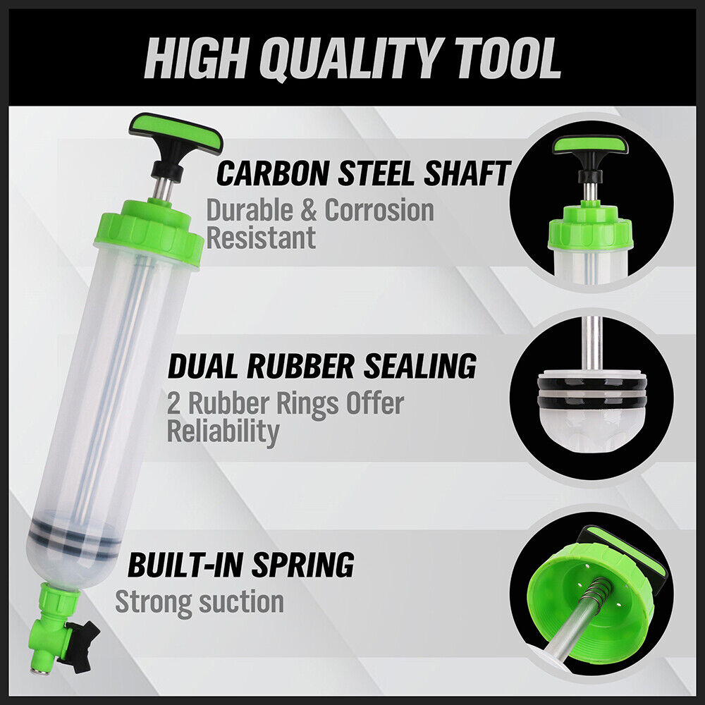 SWANLAKE 1.5 Liter Oil Extractor Fluid Transfer Pump with Fittings and Hose. Perfect for automotive, motorcycle, and machinery maintenance, easily extracting and refilling fluids like brake fluid and gear oil. Ergonomic handle design for comfortable use, clear tank with measurement scale for precise fluid management