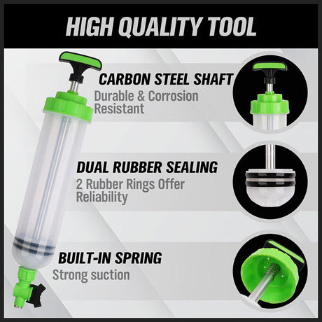 SWANLAKE 1.5 Liter Oil Extractor Fluid Transfer Pump with Fittings and Hose. Perfect for automotive, motorcycle, and machinery maintenance, easily extracting and refilling fluids like brake fluid and gear oil. Ergonomic handle design for comfortable use, clear tank with measurement scale for precise fluid management